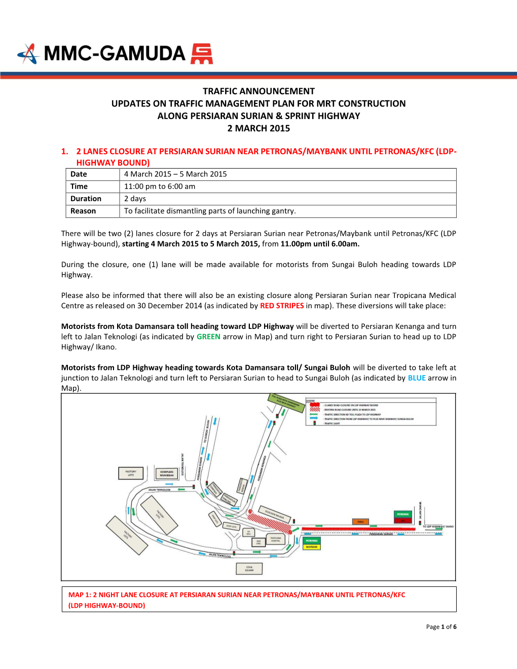 Traffic Announcement Updates on Traffic Management Plan for Mrt Construction Along Persiaran Surian & Sprint Highway 2 March 2015