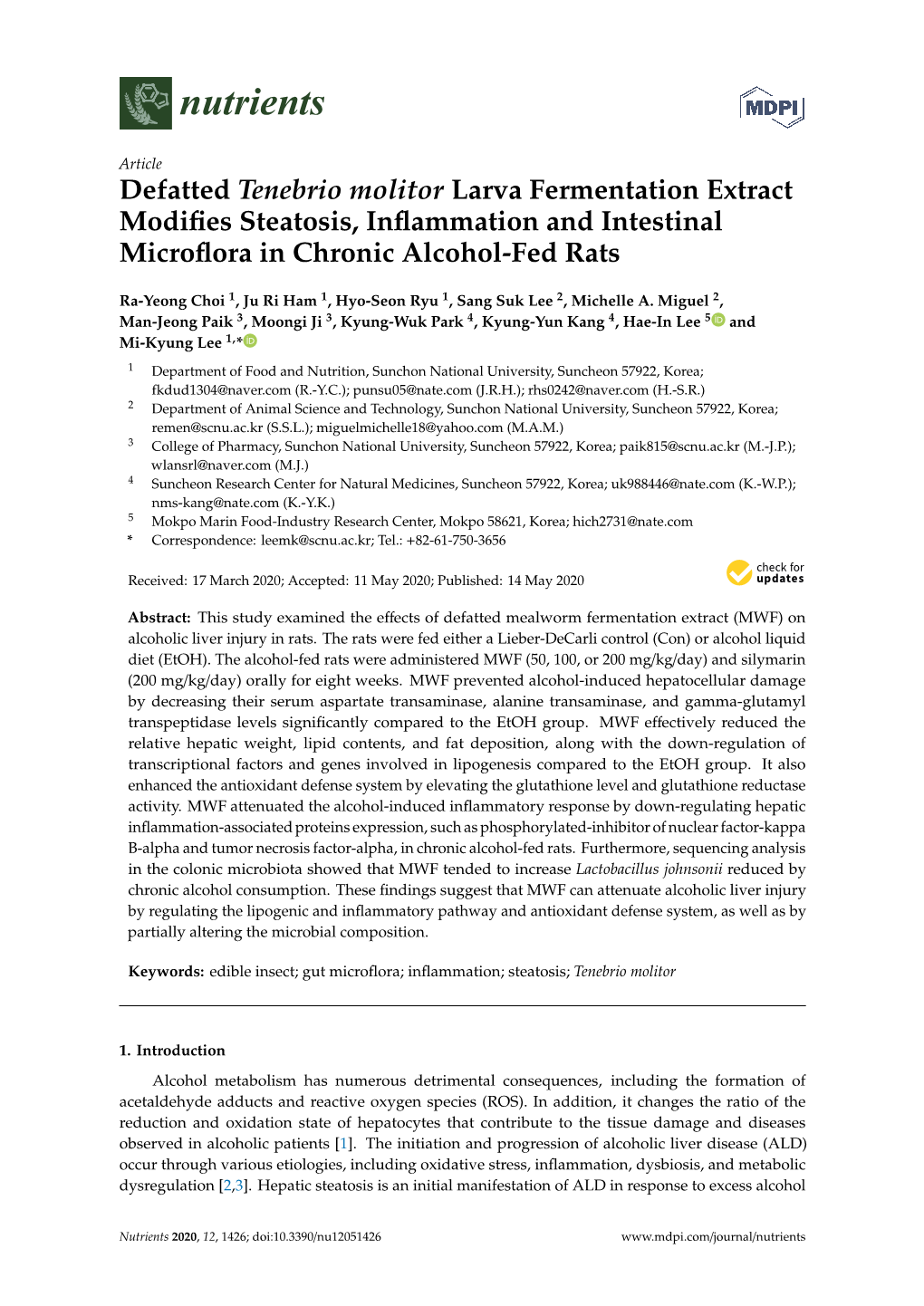 Defatted Tenebrio Molitor Larva Fermentation Extract Modifies Steatosis, Inflammation and Intestinal Microflora in Chronic Alcohol-Fed Rats