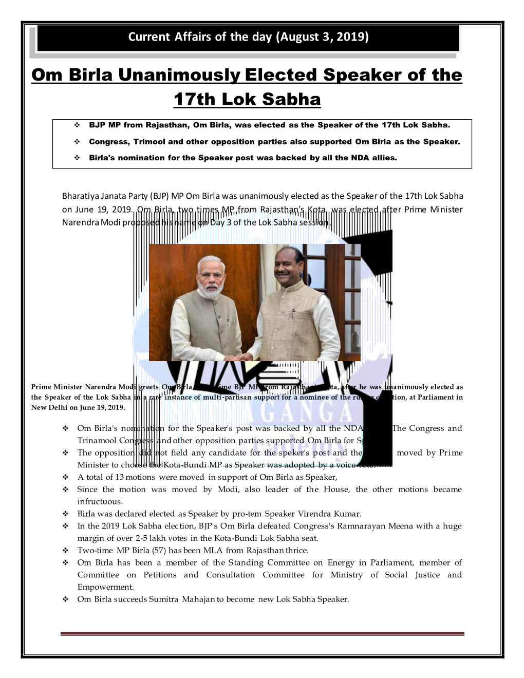 Om Birla Unanimously Elected Speaker of the 17Th Lok Sabha