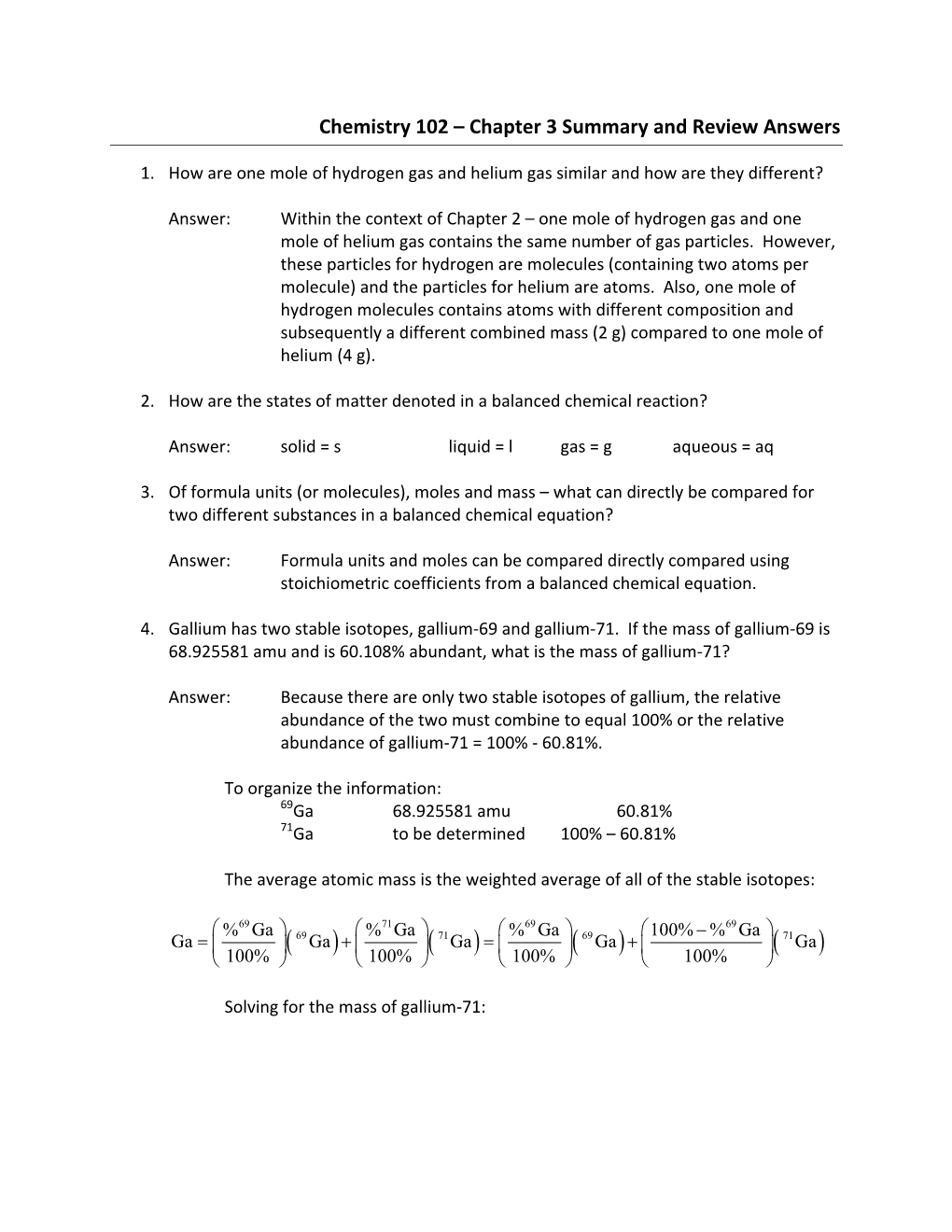 Chemistry 102 – Chapter 3 Summary and Review Answers