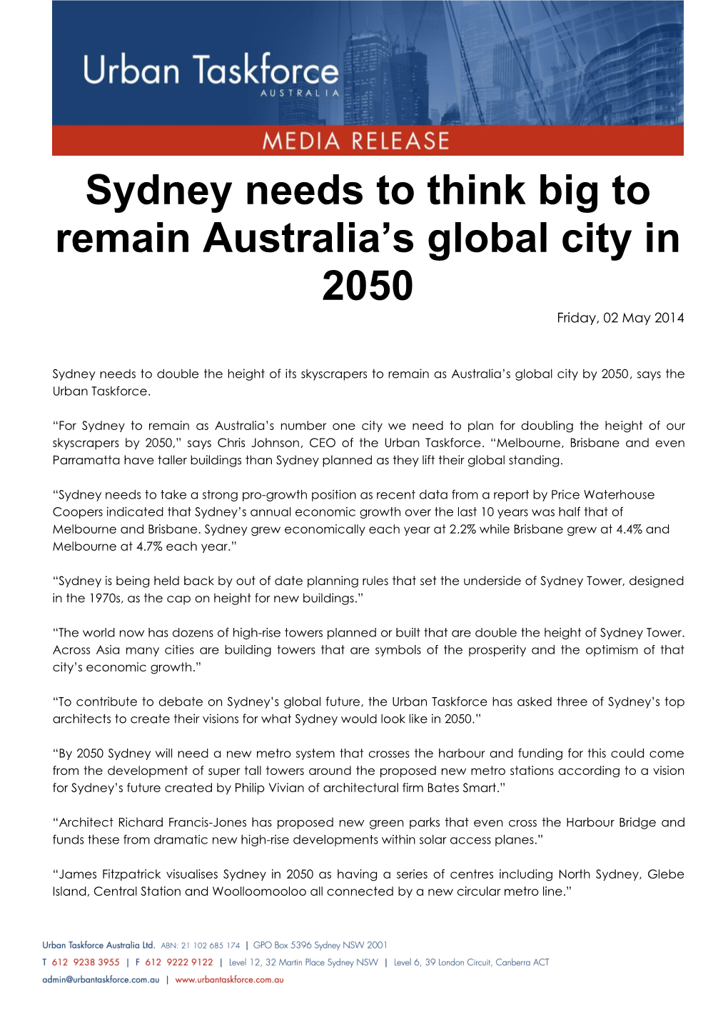 Sydney Needs to Think Big to Remain Australia's Global City in 2050