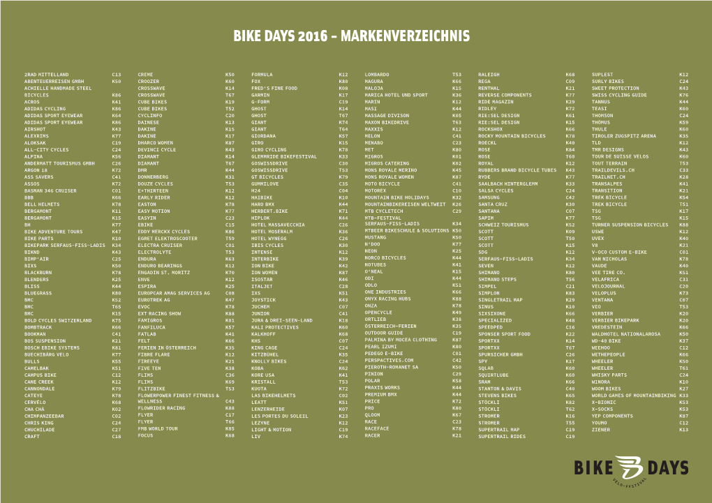 Bike Days 2016 - Markenverzeichnis