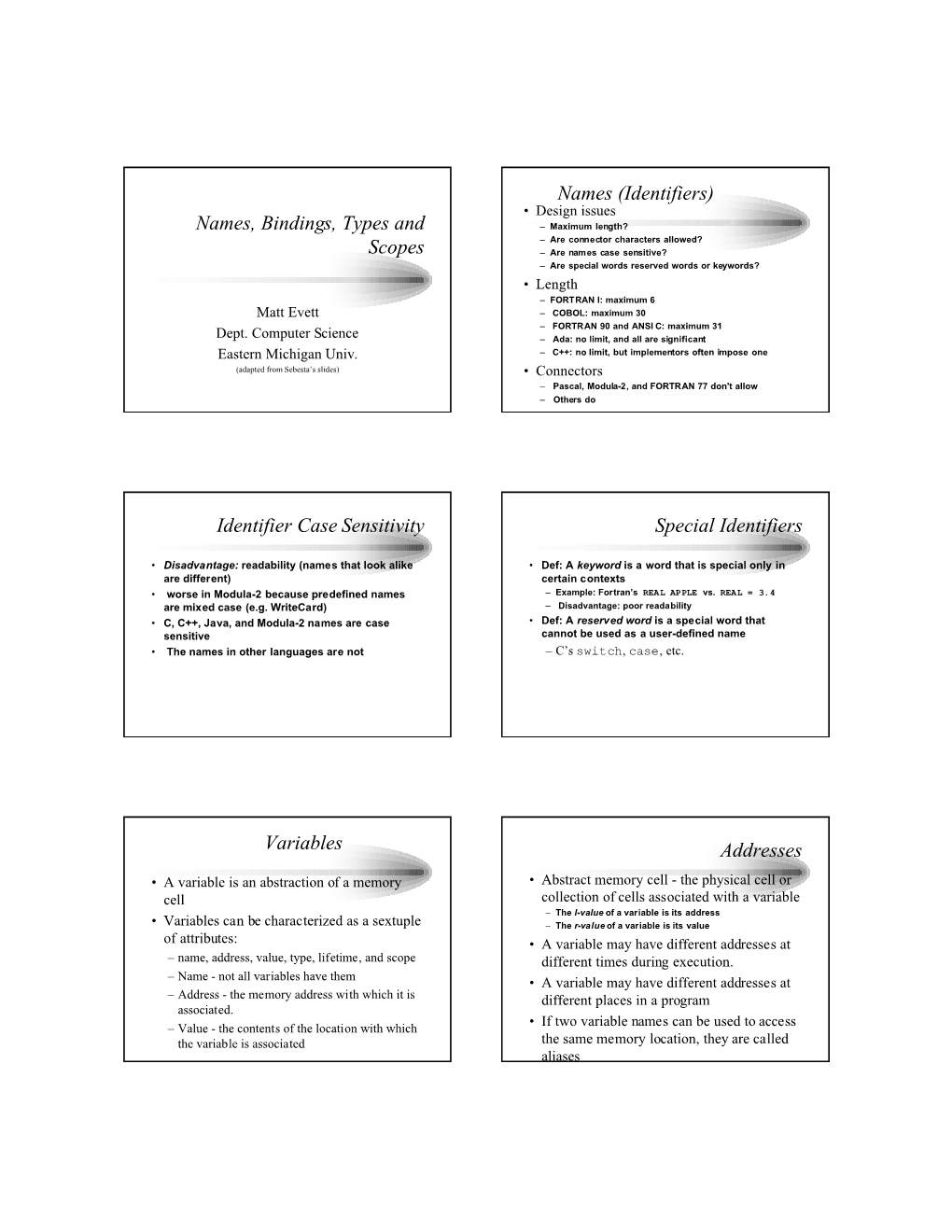 Names, Bindings, Types and Scopes Names (Identifiers) Identifier Case Sensitivity Special Identifiers Variables Addresses