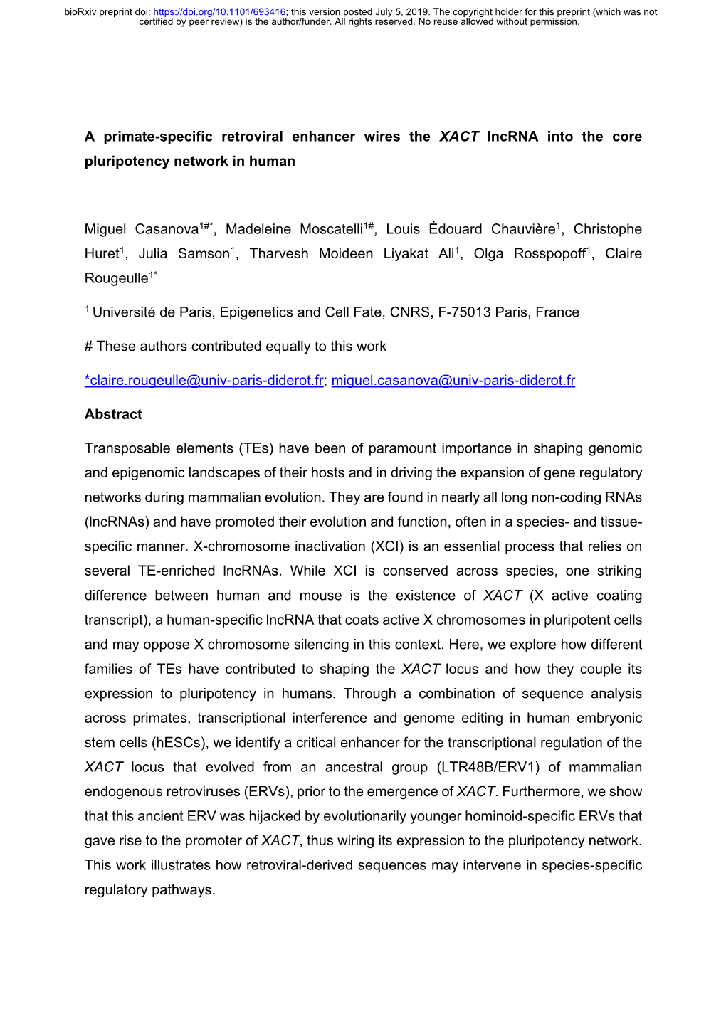 A Primate-Specific Retroviral Enhancer Wires the XACT Lncrna Into the Core Pluripotency Network in Human