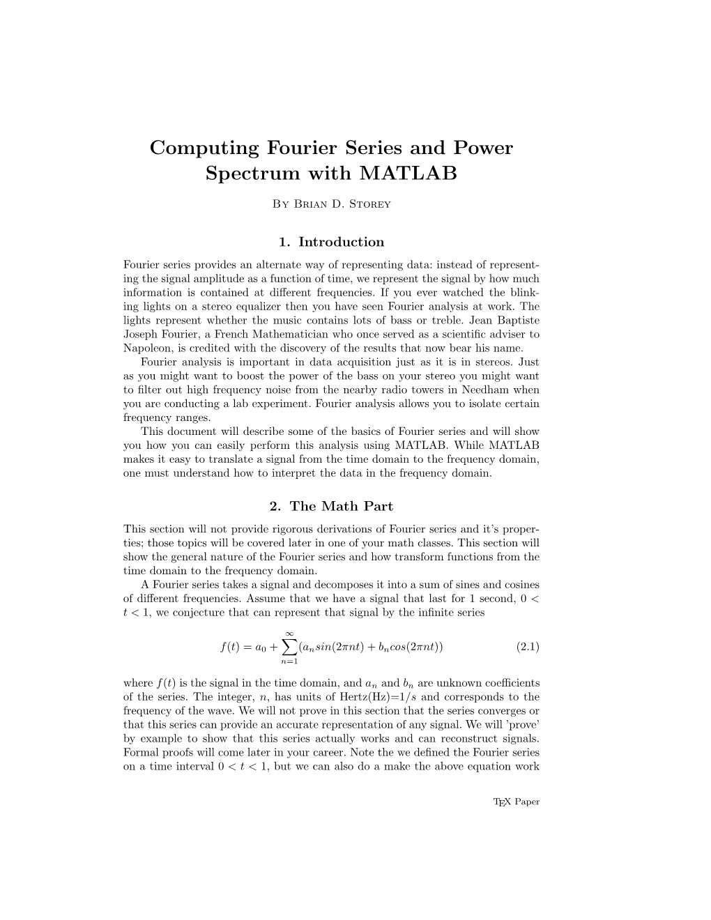 Computing Fourier Series and Power Spectrum with MATLAB