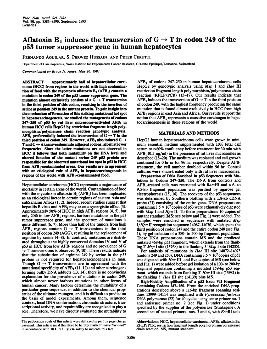 Aguilar Aflatoxin B1 Induces the Transversion of G to T of P53 In