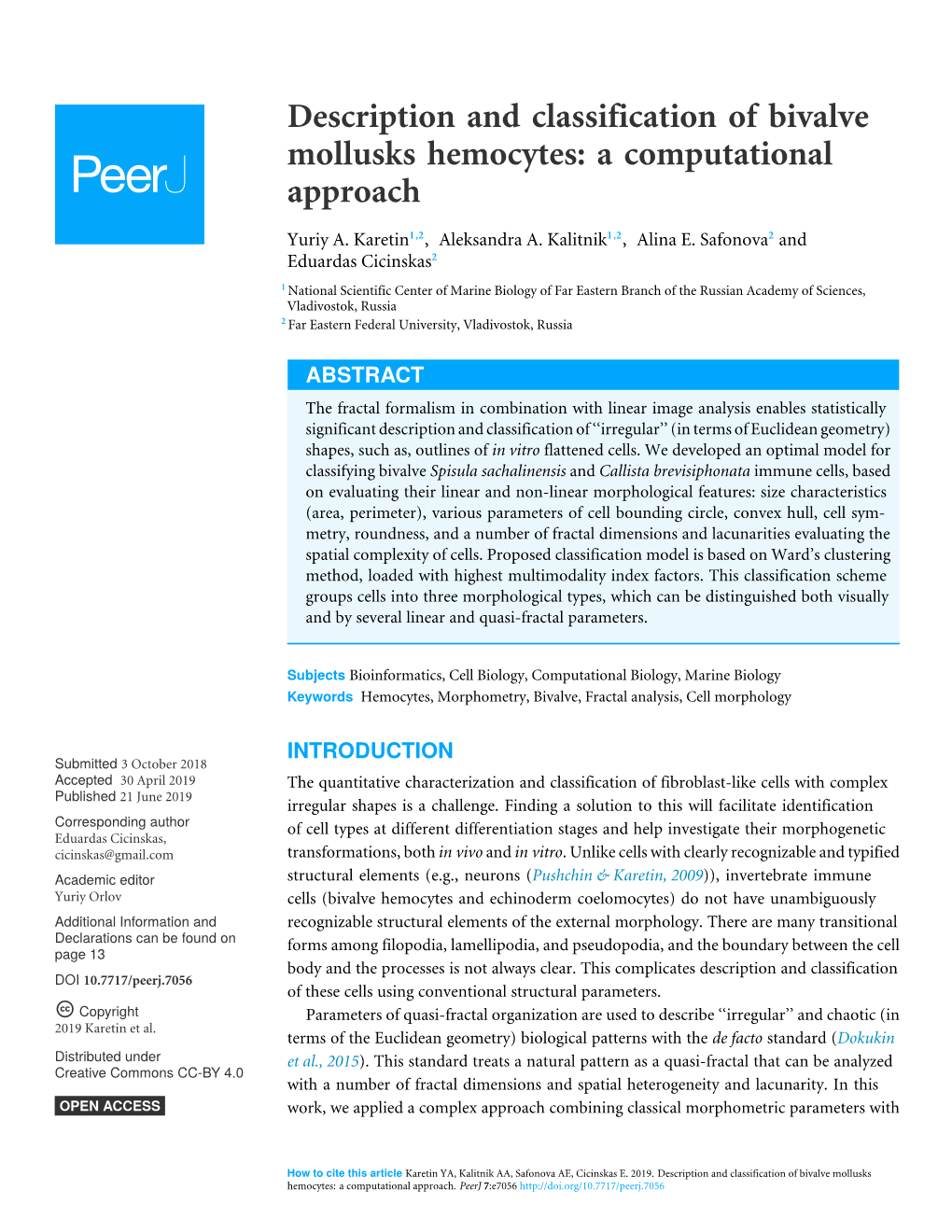 Description and Classification of Bivalve Mollusks Hemocytes: a Computational Approach