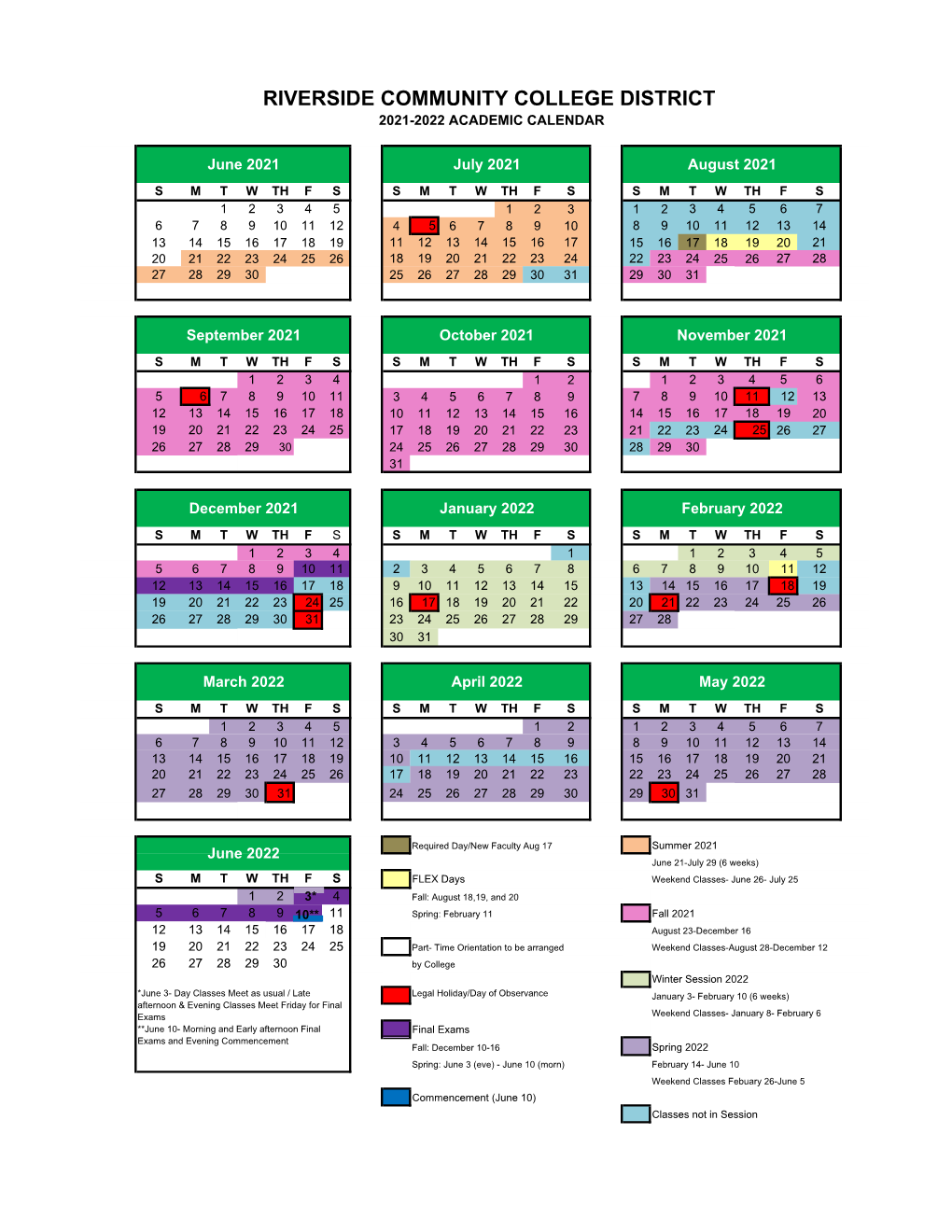 RCCD Academic Calendar 2021-22