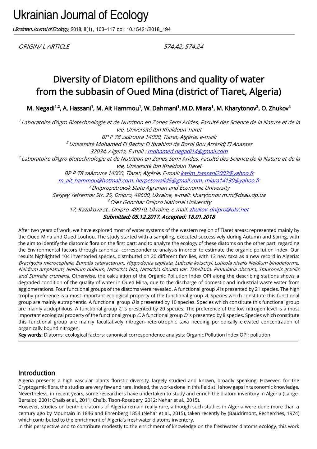 Diversity of Diatom Epilithons and Quality of Water from the Subbasin of Oued Mina (District of Tiaret, Algeria)