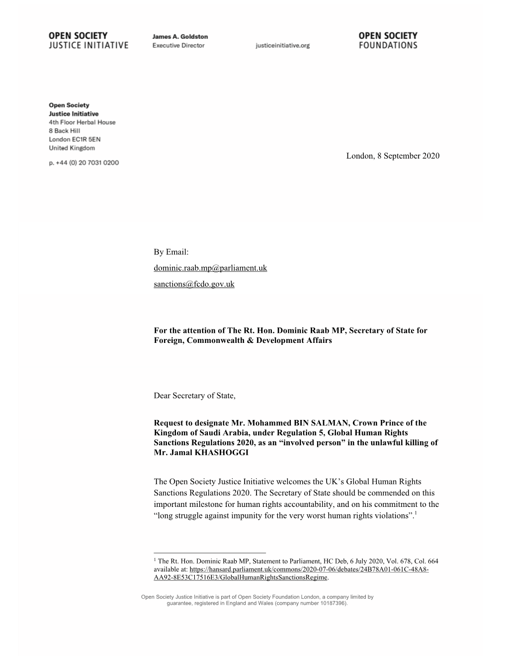 London, 8 September 2020 by Email: Dominic.Raab.Mp@Parliament.Uk