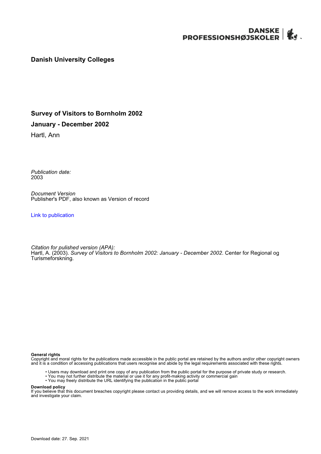 Danish University Colleges Survey of Visitors to Bornholm 2002