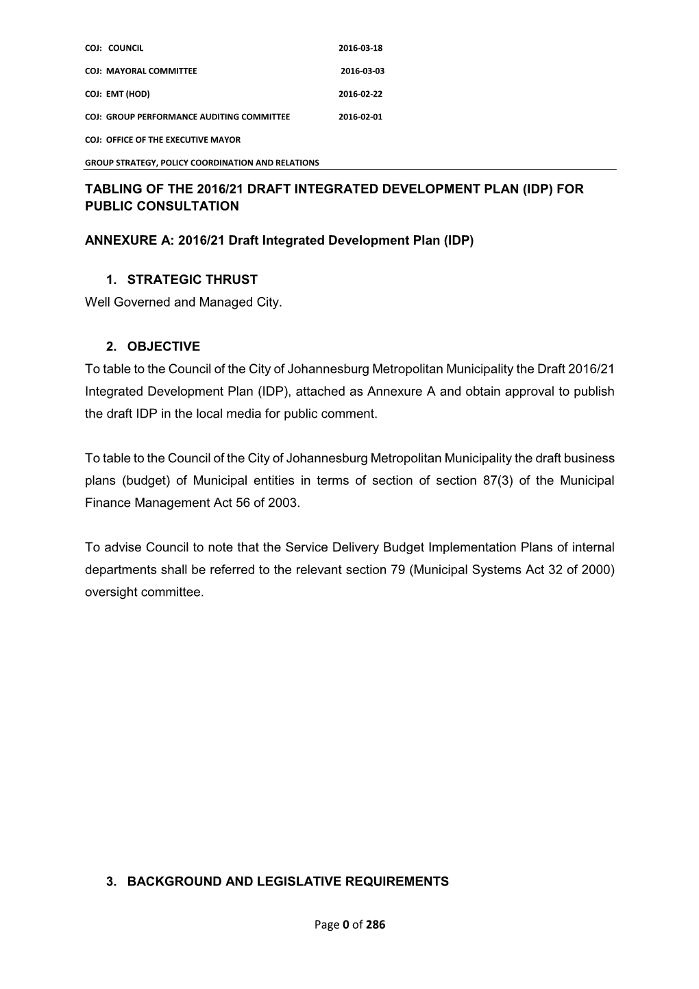 Page 0 of 286 TABLING of the 2016/21 DRAFT INTEGRATED DEVELOPMENT PLAN