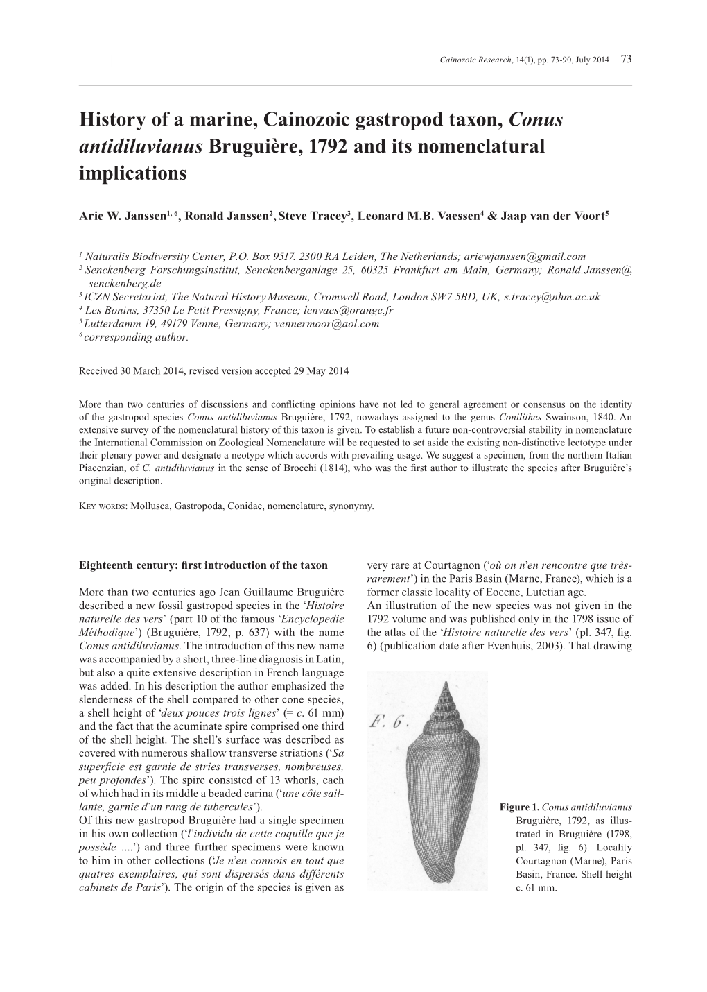 History of a Marine, Cainozoic Gastropod Taxon, Conus Antidiluvianus Bruguière, 1792 and Its Nomenclatural Implications