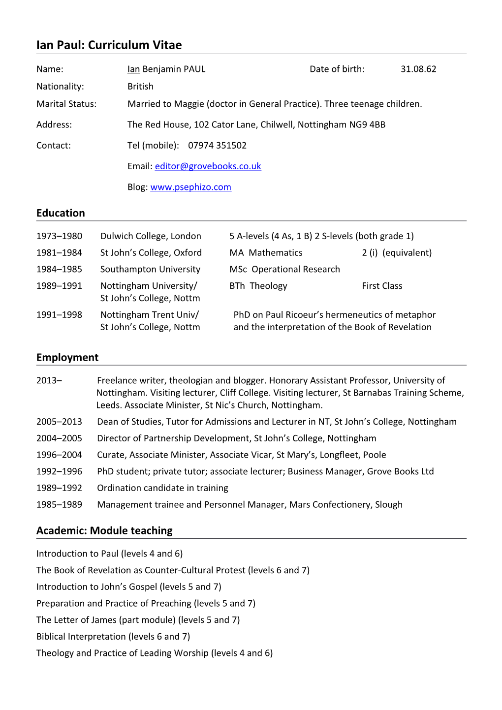 Ian Paul: Curriculum Vitae