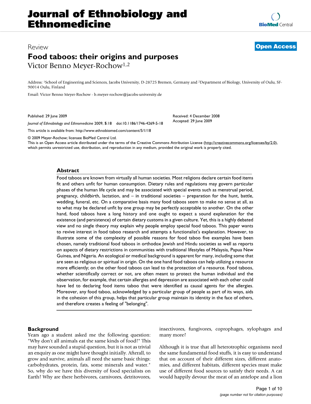 Food Taboos: Their Origins and Purposes Victor Benno Meyer-Rochow1,2