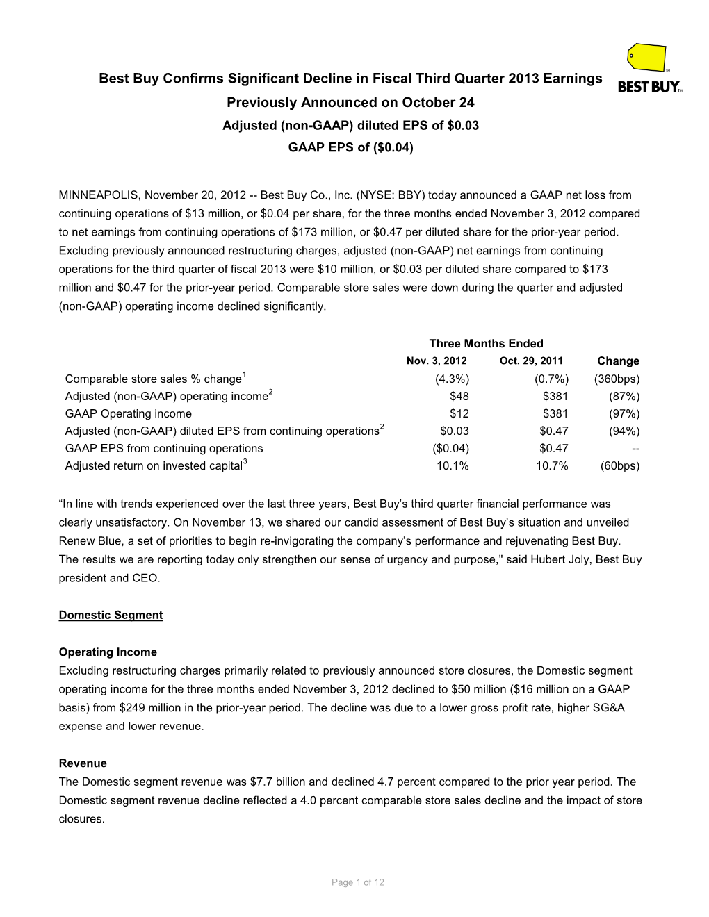 Best Buy Confirms Significant Decline in Fiscal Third Quarter 2013