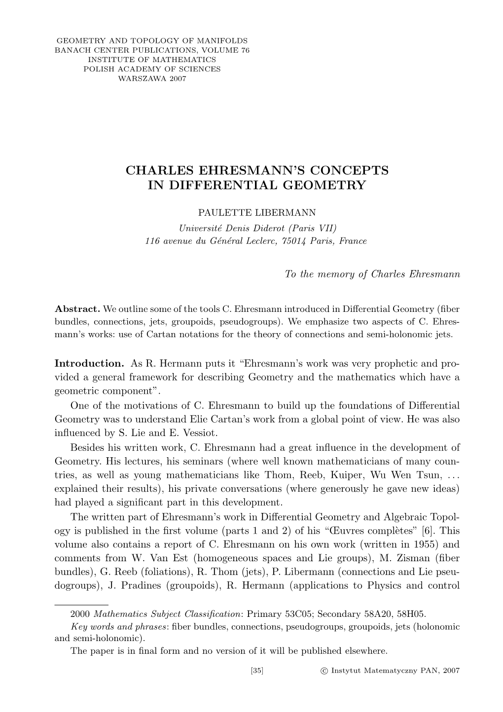 Charles Ehresmann's Concepts in Differential