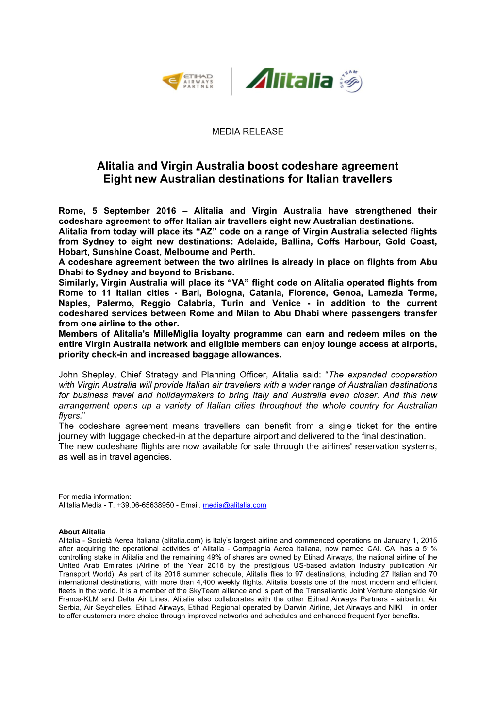 20160905 Alitalia and Virgin Australia Boost Codeshare Agreement