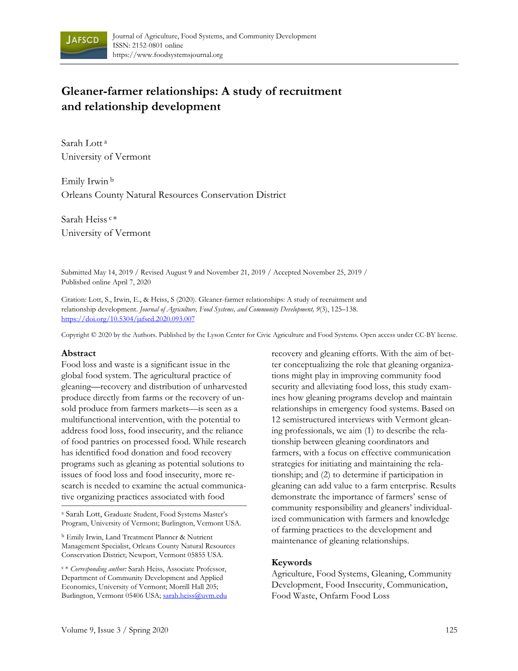 Gleaner-Farmer Relationships: a Study of Recruitment and Relationship Development