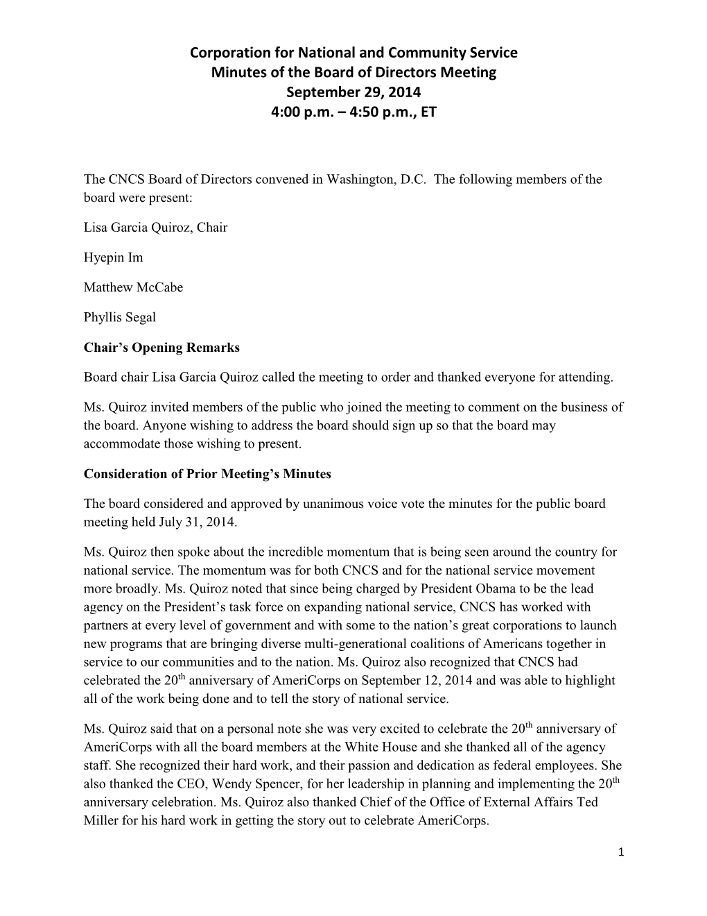 Corporation for National and Community Service Minutes of the Board of Directors Meeting September 29, 2014 4:00 P.M