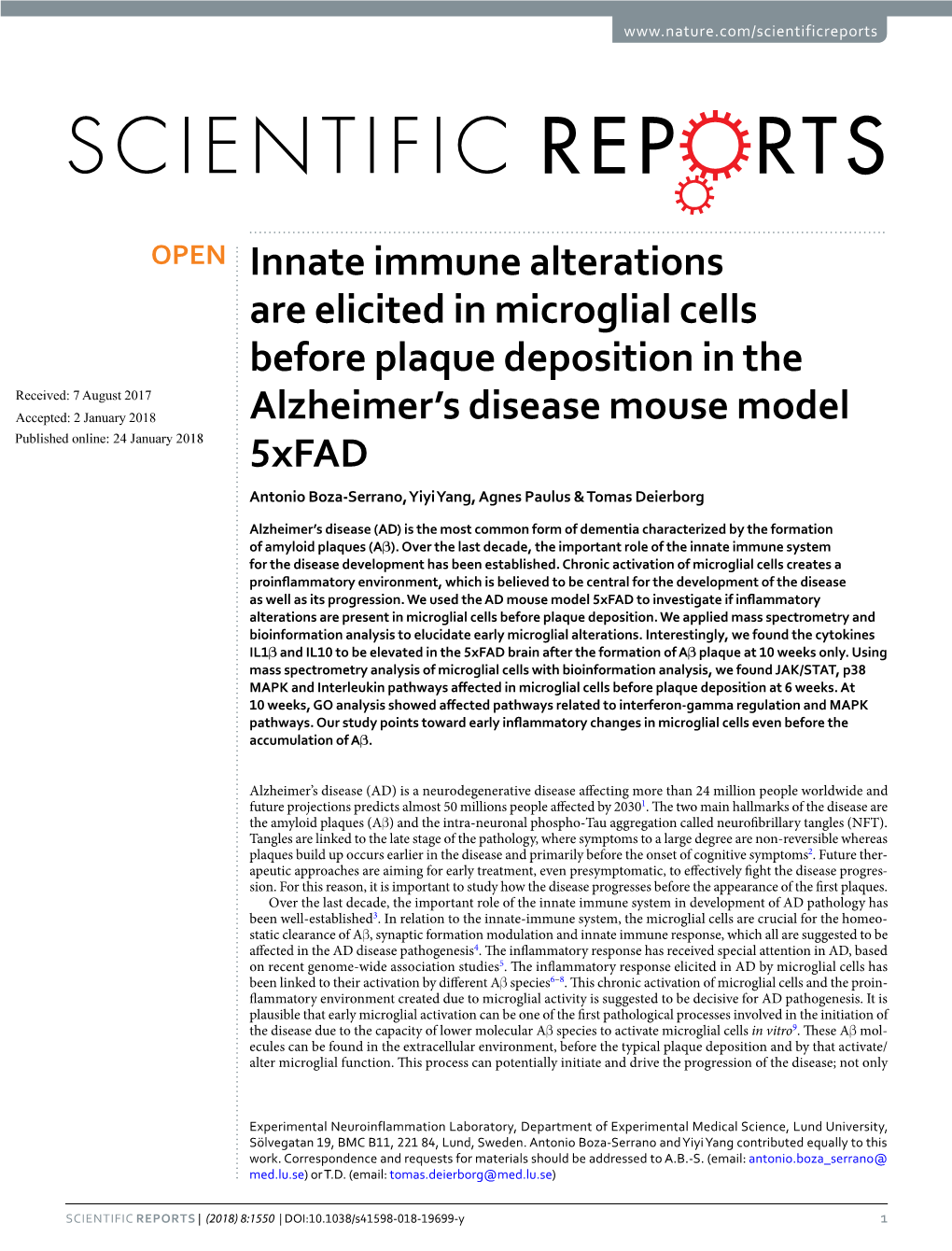 Innate Immune Alterations Are Elicited in Microglial Cells Before Plaque Deposition in the Alzheimer's Disease Mouse Model