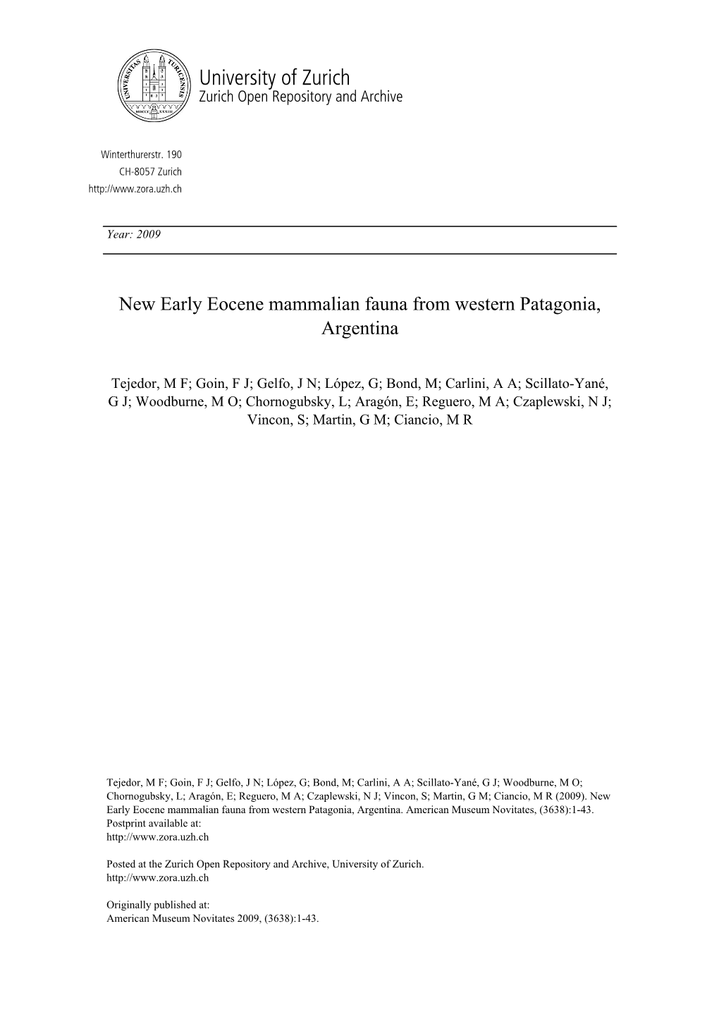 New Early Eocene Mammalian Fauna from Western Patagonia, Argentina