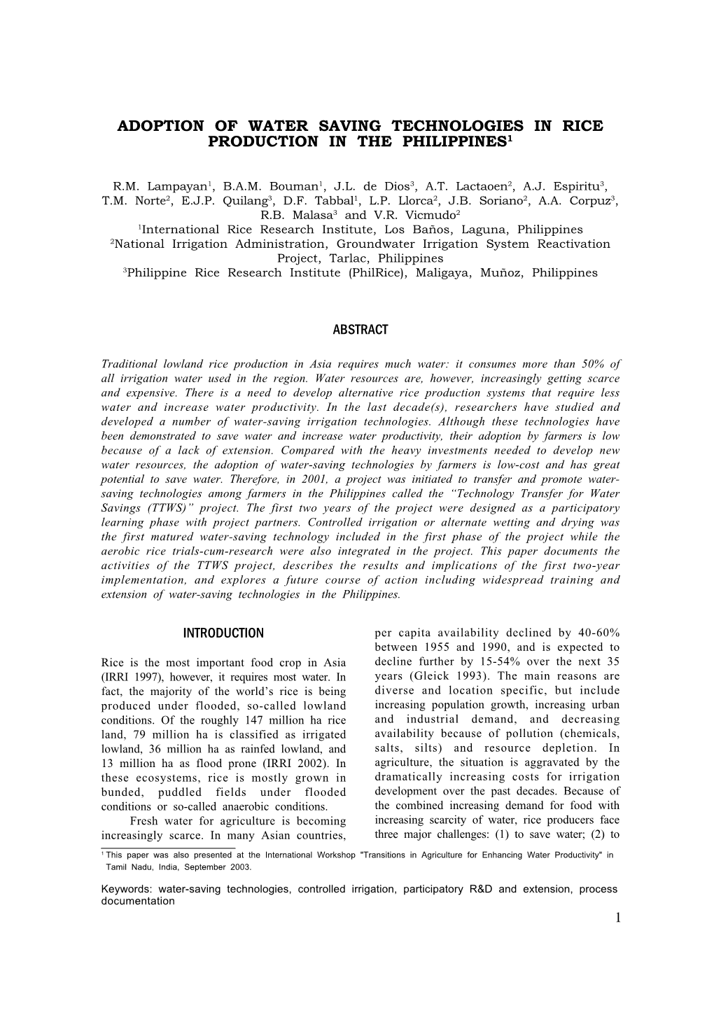 Adoption of Water Saving Technologies in Rice Production in the Philippines1