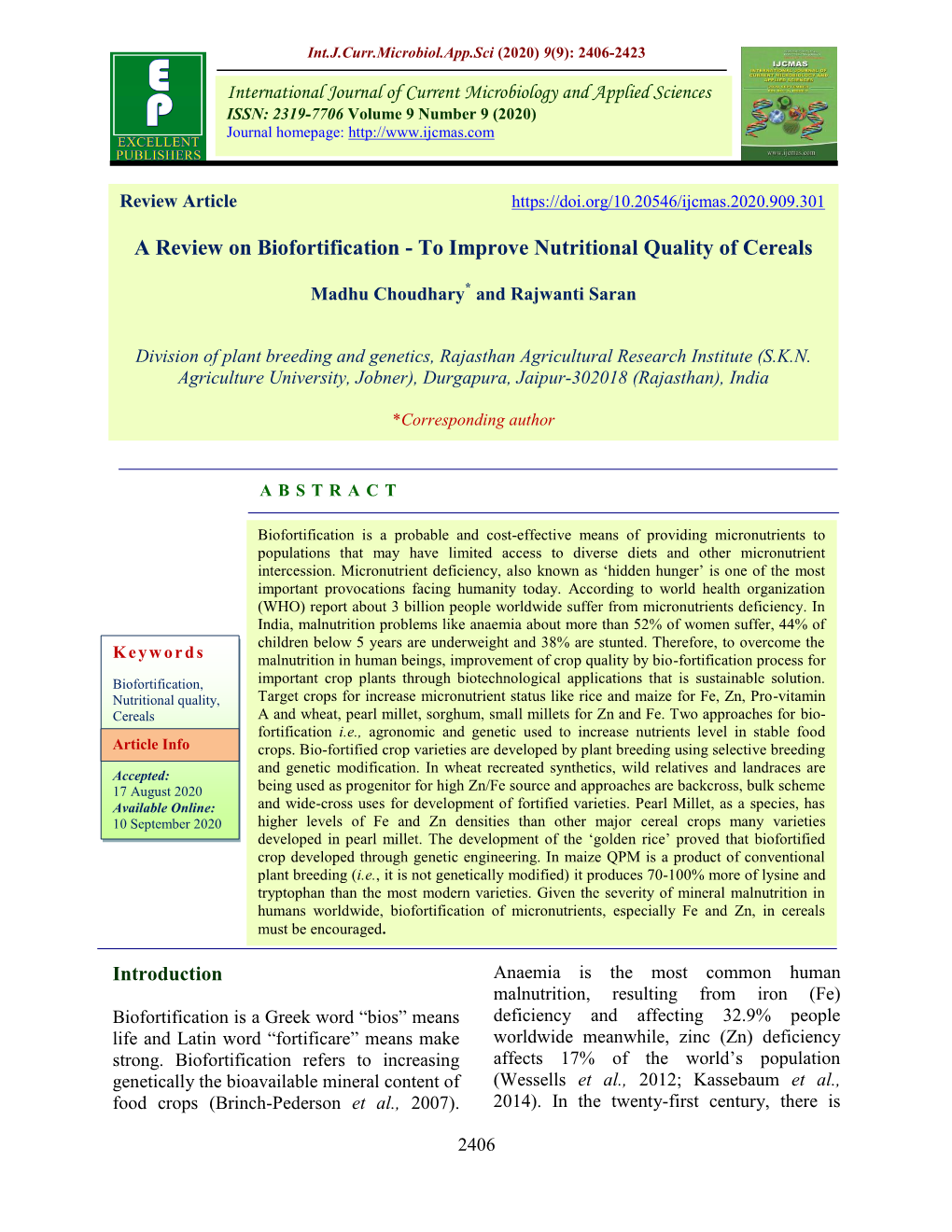 A Review on Biofortification - to Improve Nutritional Quality of Cereals