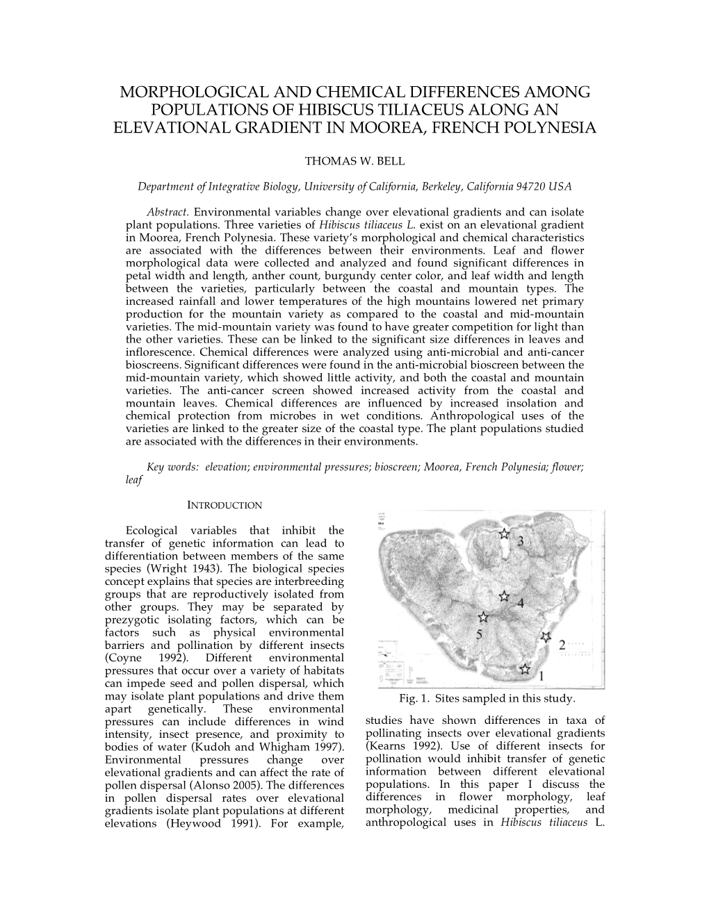 Morphological and Chemical Differences Among Populations of Hibiscus Tiliaceus Along an Elevational Gradient in Moorea, French Polynesia