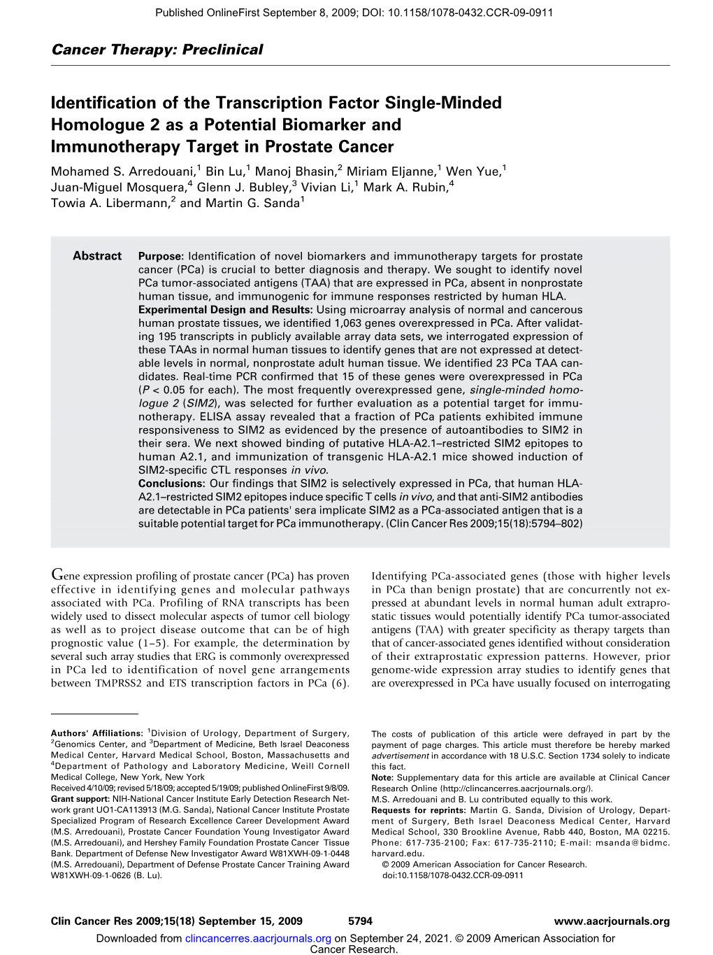 Identification of the Transcription Factor Single-Minded Homologue 2 As a Potential Biomarker and Immunotherapy Target in Prostate Cancer Mohamed S