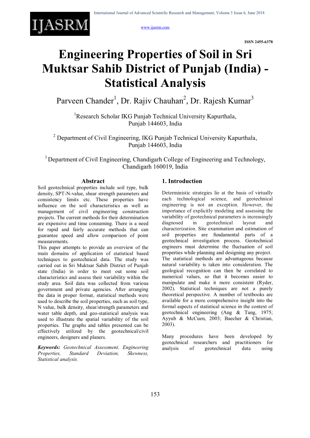 Engineering Properties of Soil in Sri Muktsar Sahib District of Punjab (India) - Statistical Analysis Parveen Chander1, Dr