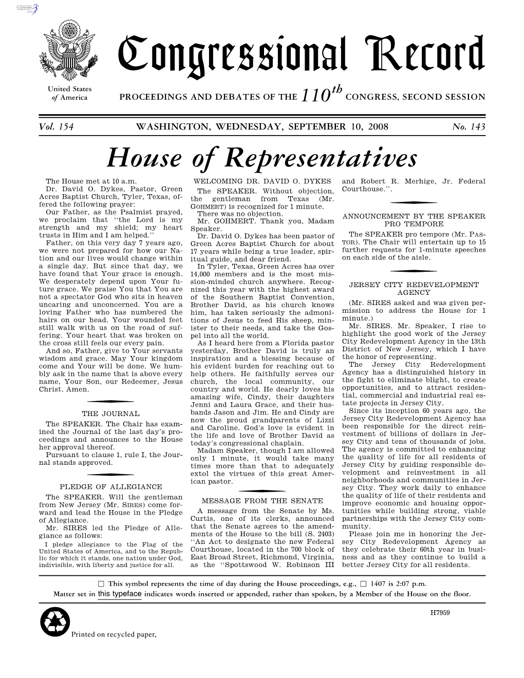 Congressional Record United States Th of America PROCEEDINGS and DEBATES of the 110 CONGRESS, SECOND SESSION