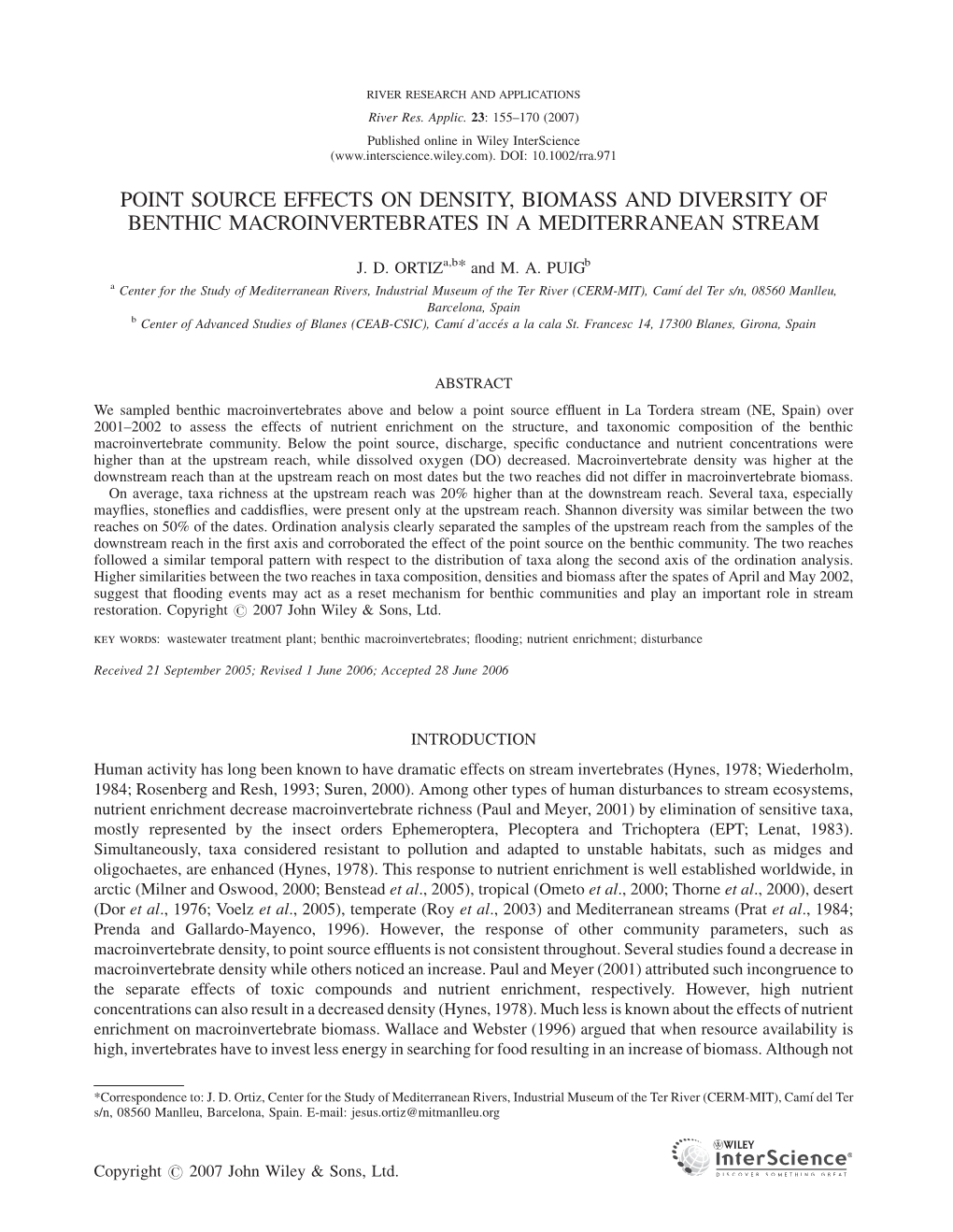 Point Source Effects on Density, Biomass and Diversity of Benthic Macroinvertebrates in a Mediterranean Stream