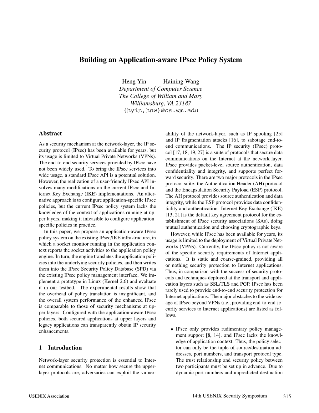 Building an Application-Aware Ipsec Policy System