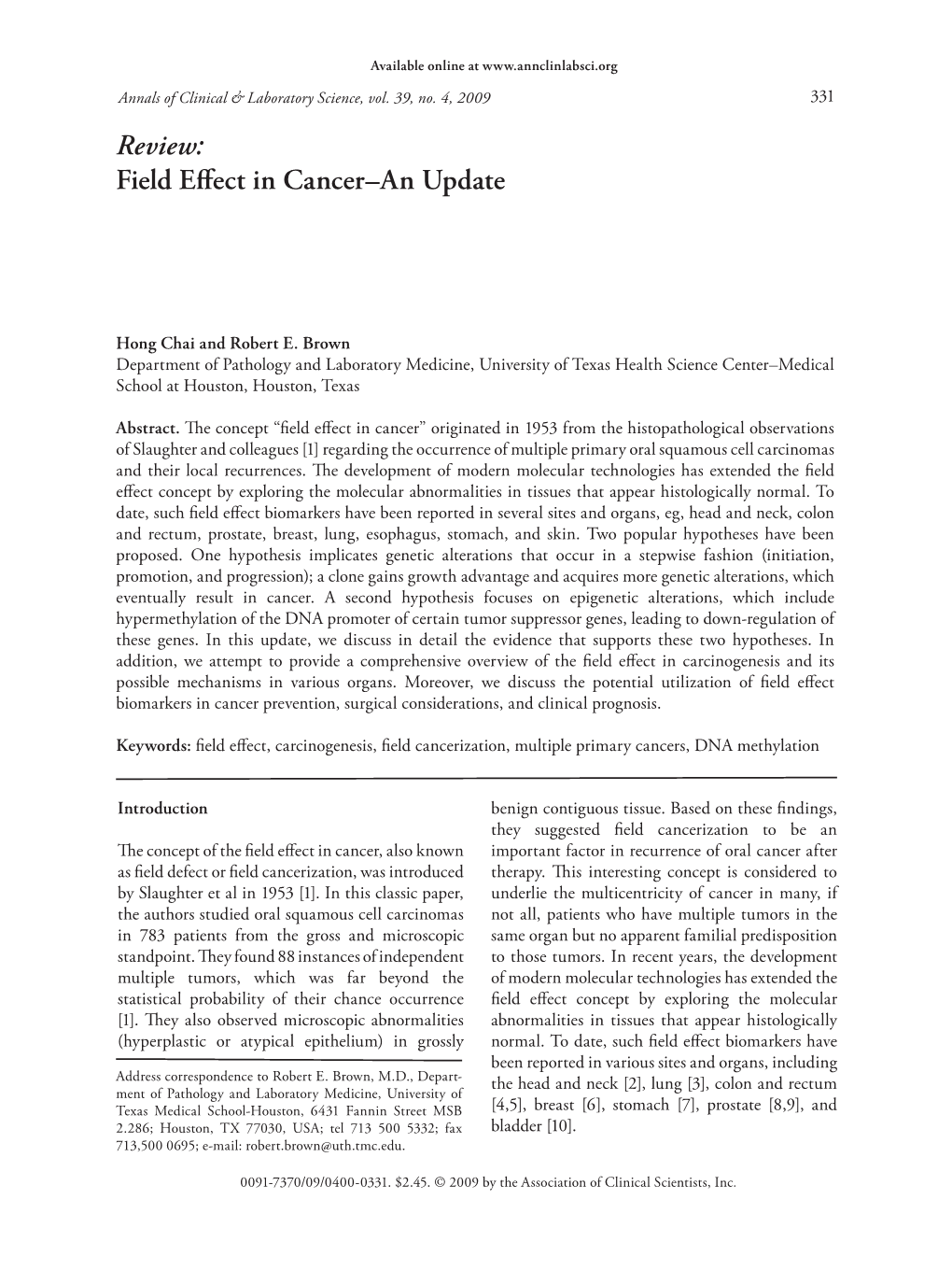 Review: Field Effect in Cancer–An Update