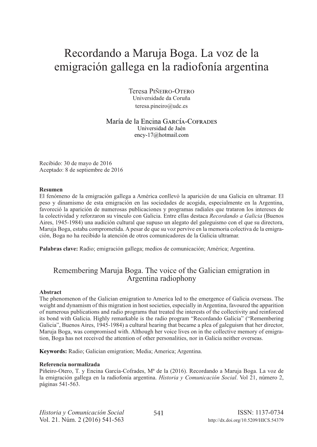 Recordando a Maruja Boga. La Voz De La Emigración Gallega En La Radiofonía Argentina