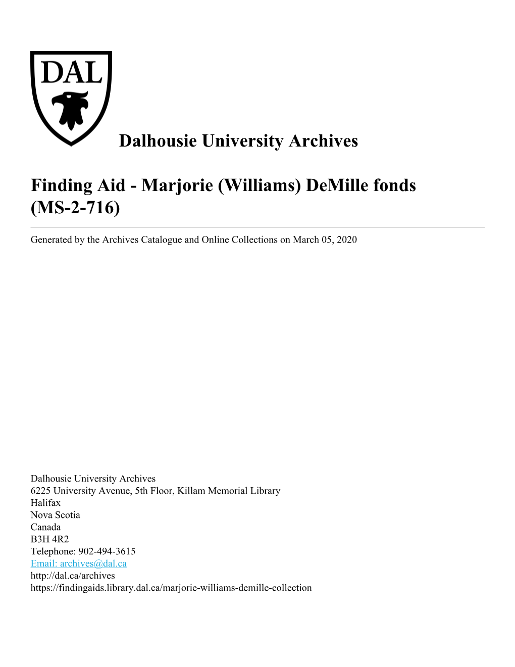 Marjorie (Williams) Demille Fonds (MS-2-716)