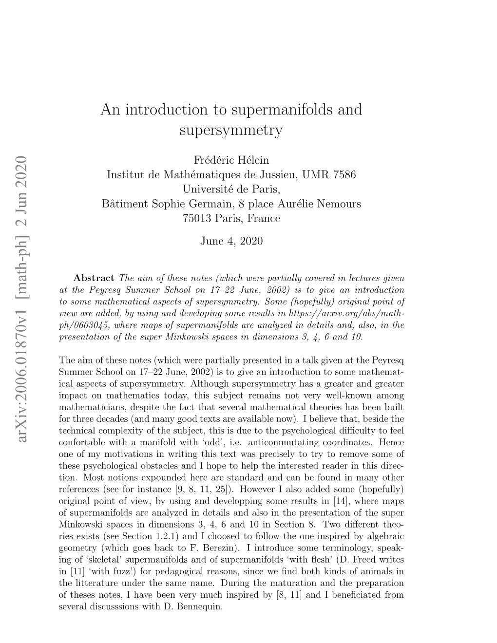 2 Jun 2020 an Introduction to Supermanifolds and Supersymmetry
