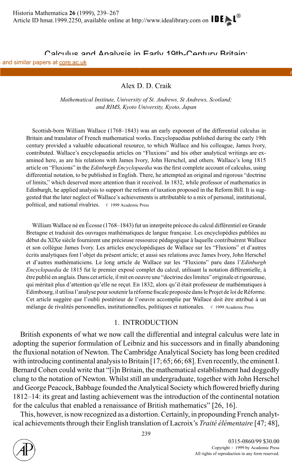 Calculus and Analysis in Early 19Th-Century Britain