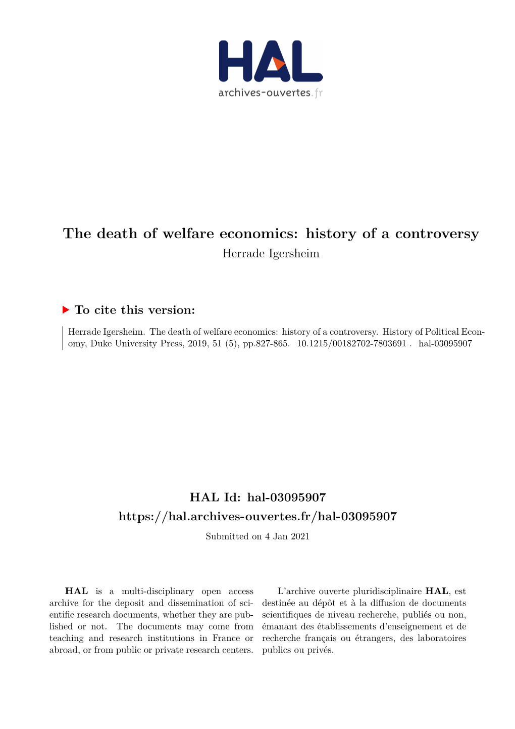 The Death of Welfare Economics: History of a Controversy Herrade Igersheim