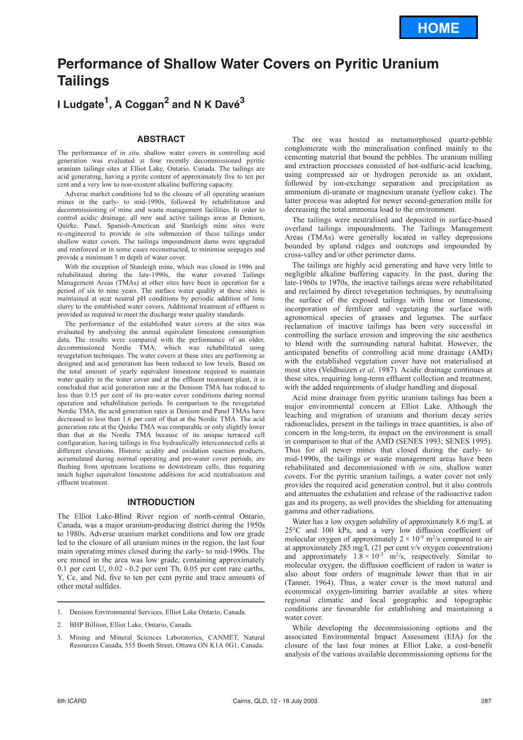 Performance of Shallow Water Covers on Pyritic Uranium Tailings