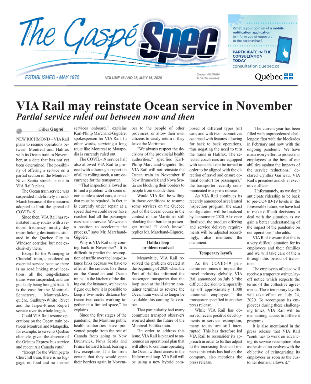VIA Rail May Reinstate Ocean Service in November Partial Service Ruled out Between Now and Then