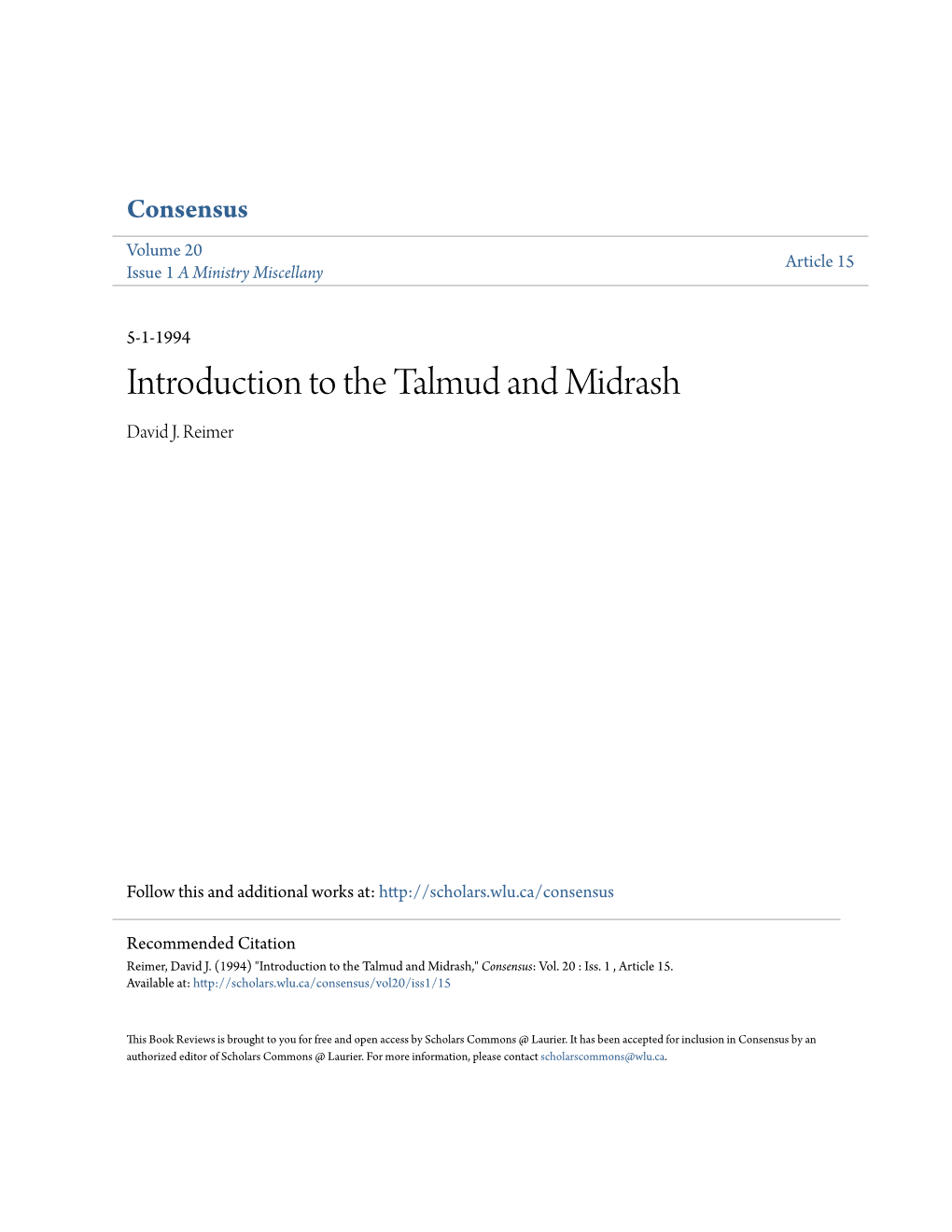 Introduction to the Talmud and Midrash David J