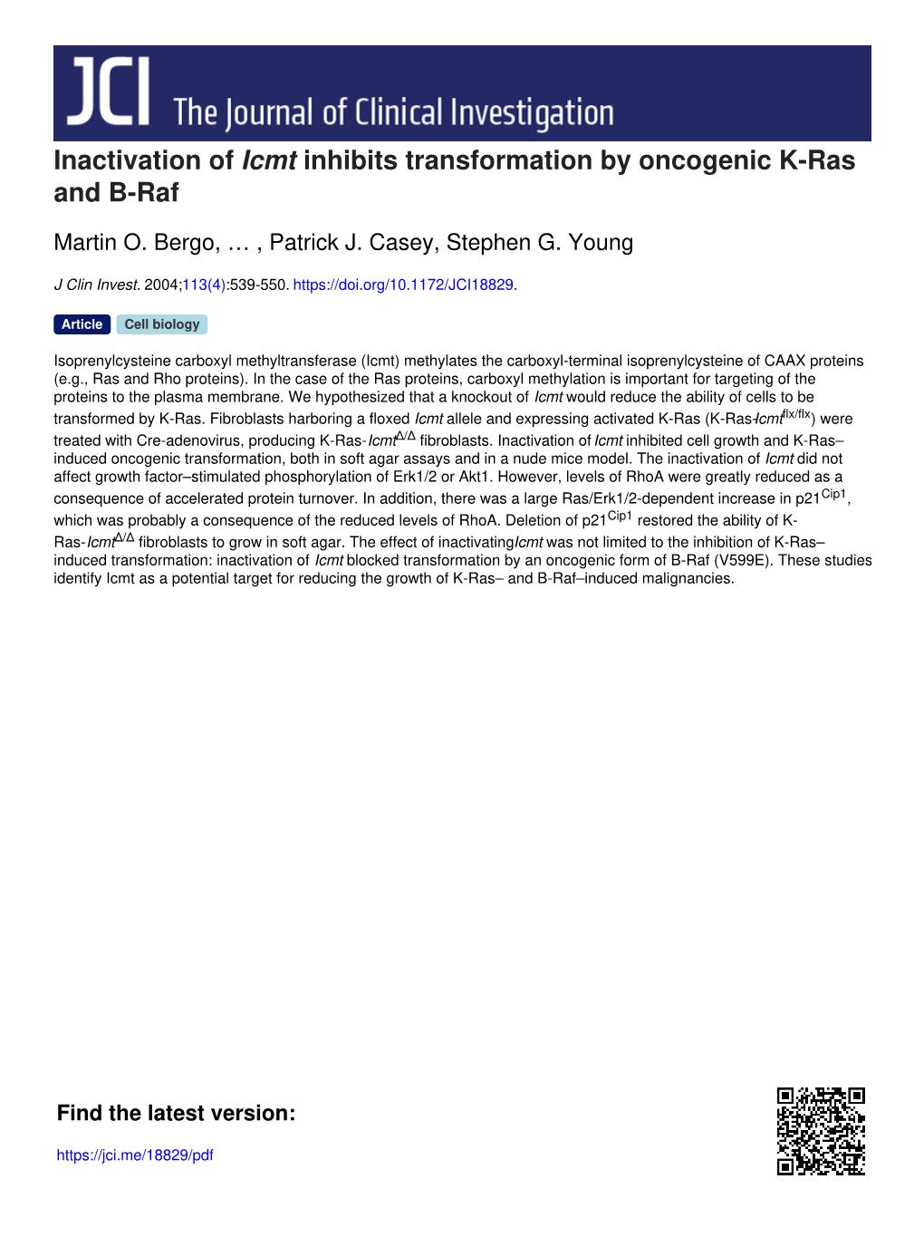 Inactivation of Icmt Inhibits Transformation by Oncogenic K-Ras and B-Raf