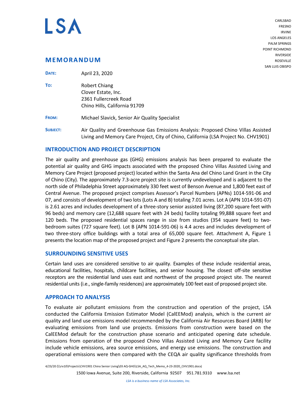 Air Quality and Greenhouse Gas Emissions Analysis: Proposed Chino Villas Assisted Living and Memory Care Project, City of Chino, California (LSA Project No