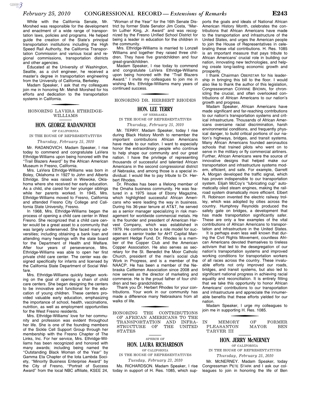 CONGRESSIONAL RECORD— Extensions of Remarks E243 HON