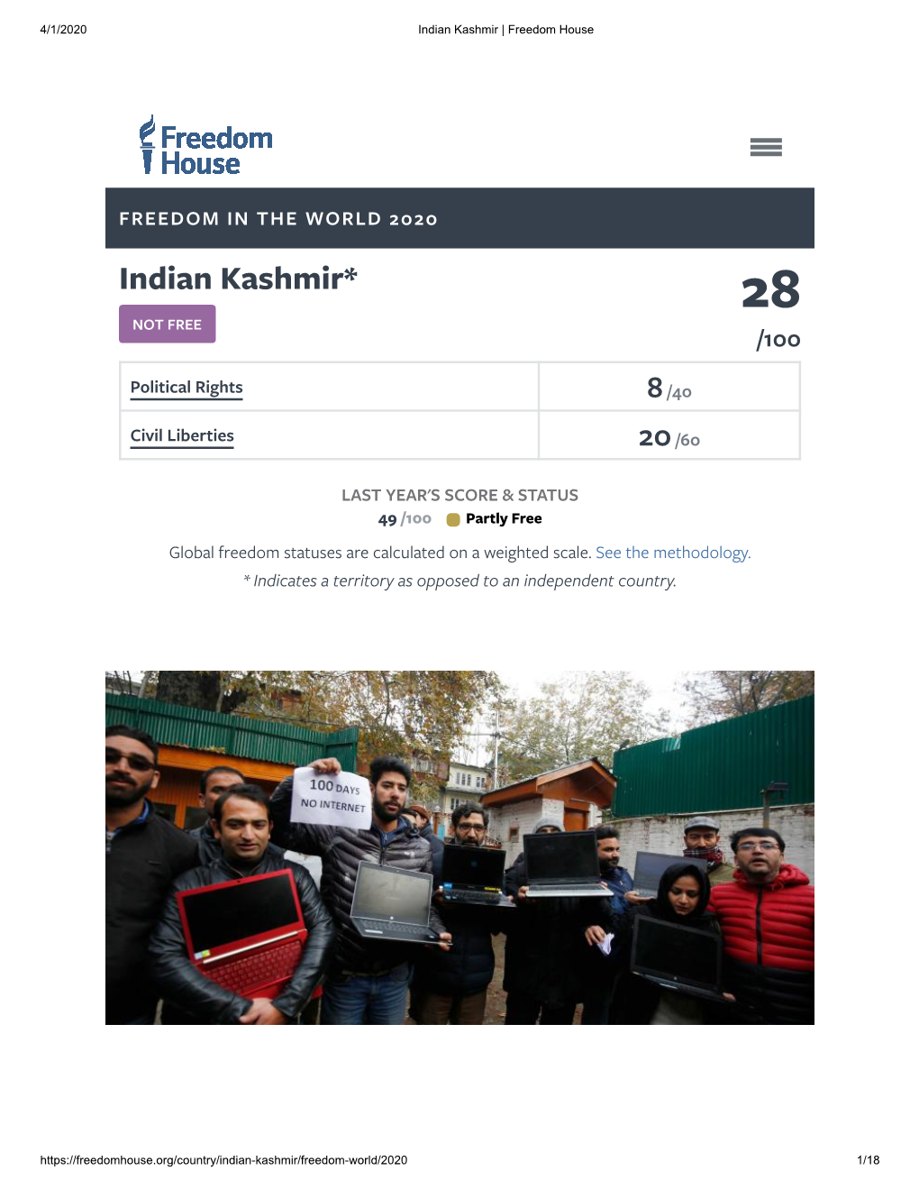 FREEDOM in the WORLD 2020 Indian Kashmir* 28 NOT FREE /100