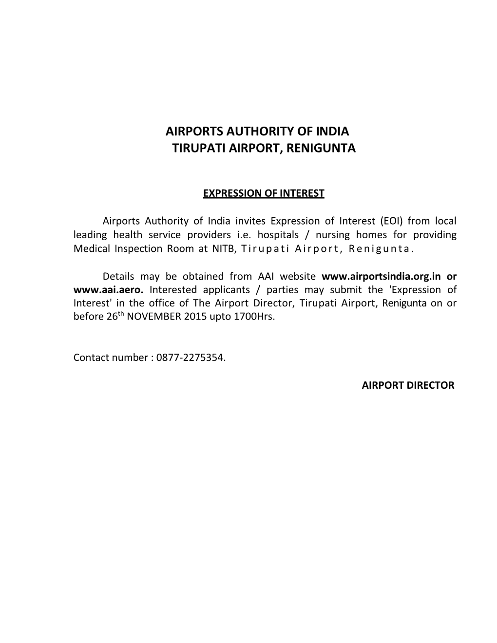 Airports Authority of India Tirupati Airport, Renigunta