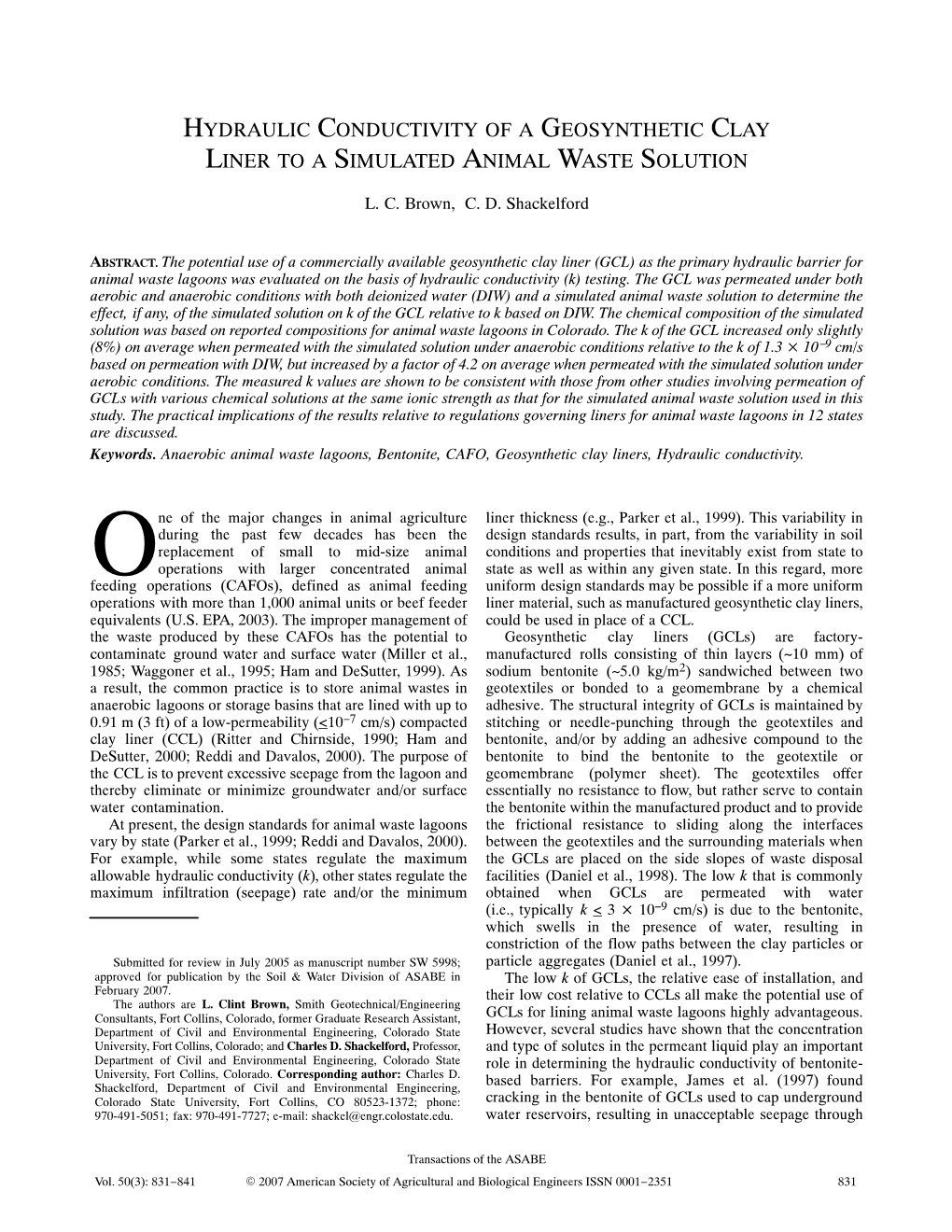 Hydraulic Conductivity of a Geosynthetic Clay Liner to a Simulated Animal Waste Solution