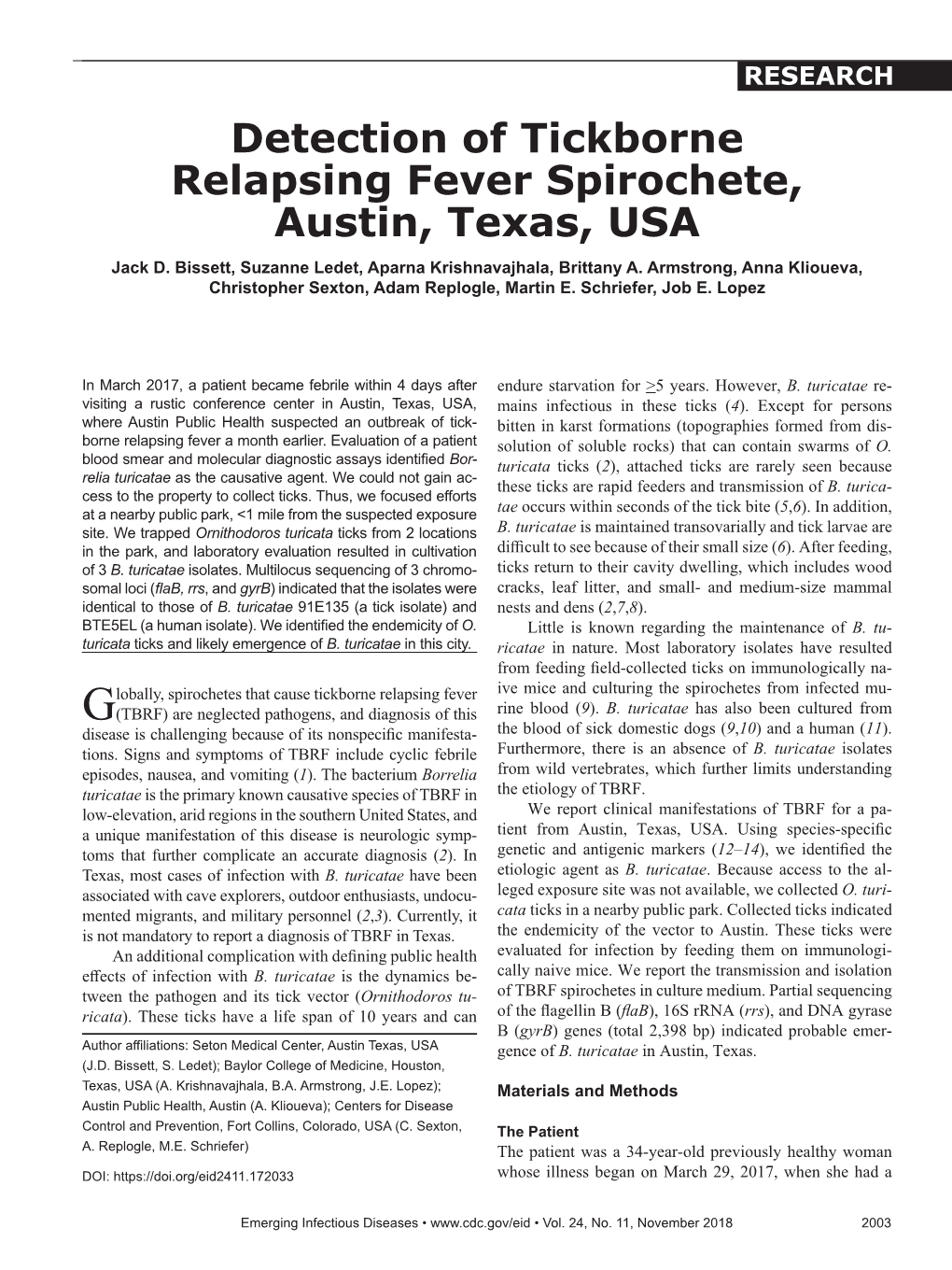 Detection of Tickborne Relapsing Fever Spirochete, Austin, Texas, USA Jack D